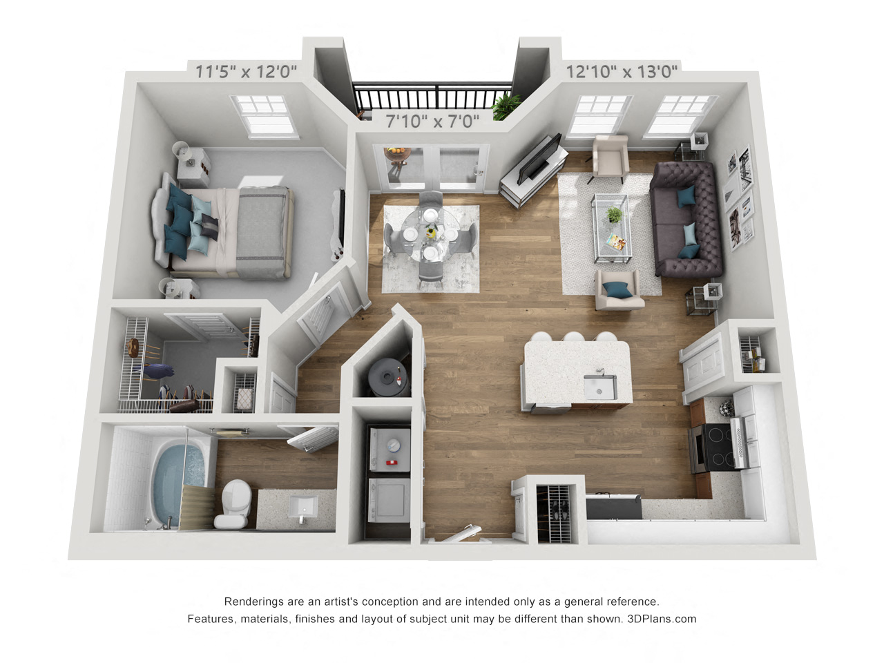 Floor plan for 1 bed, 1 bath, 771 sqft